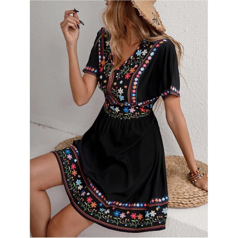 Women's Floral Print A Line Dress V Neck Short Sleeve Boho Vacation - Picture 3 of 5